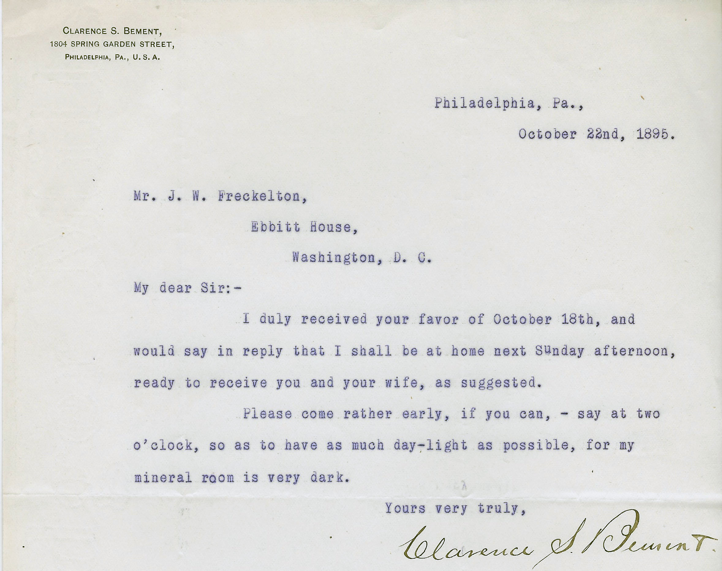 C.S. Bement 1895 letter